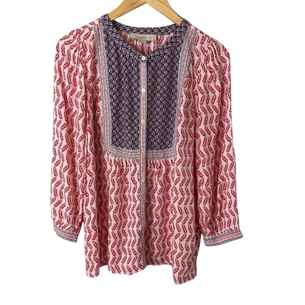 Loft Boho Leaf Bib Blouse Flowy Cottagecore Peasant Feminine Sz S